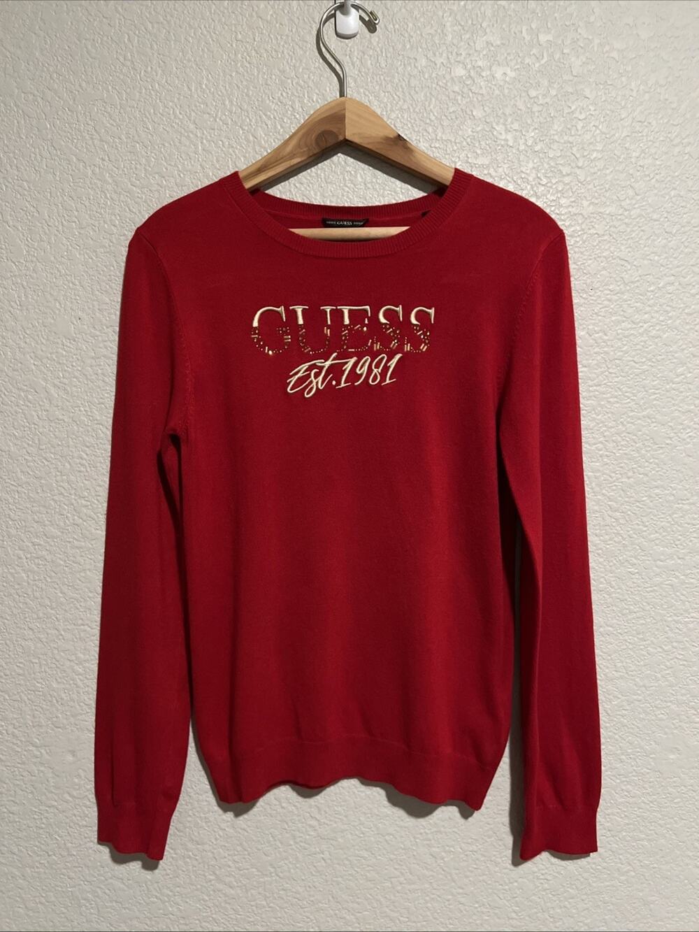 Guess Sweater Rhinestone Glitter Logo Top Blouse Red Gold Embroidered Sz S